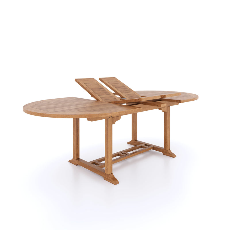 Teak 2-3m Oval Extending Table 4cm Top (6 Henley Stacking Chairs 2 San Francisco Benches) Cushions included.