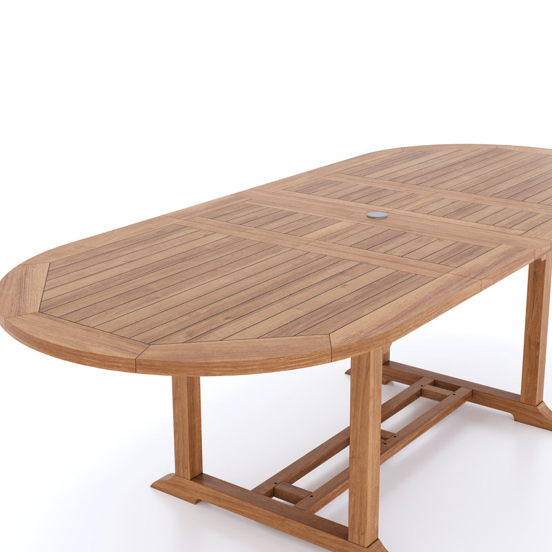 Teak Garden Furniture 2-3m Oval Extending Table 4cm Top (10 Stacking Chairs) Cushions included.