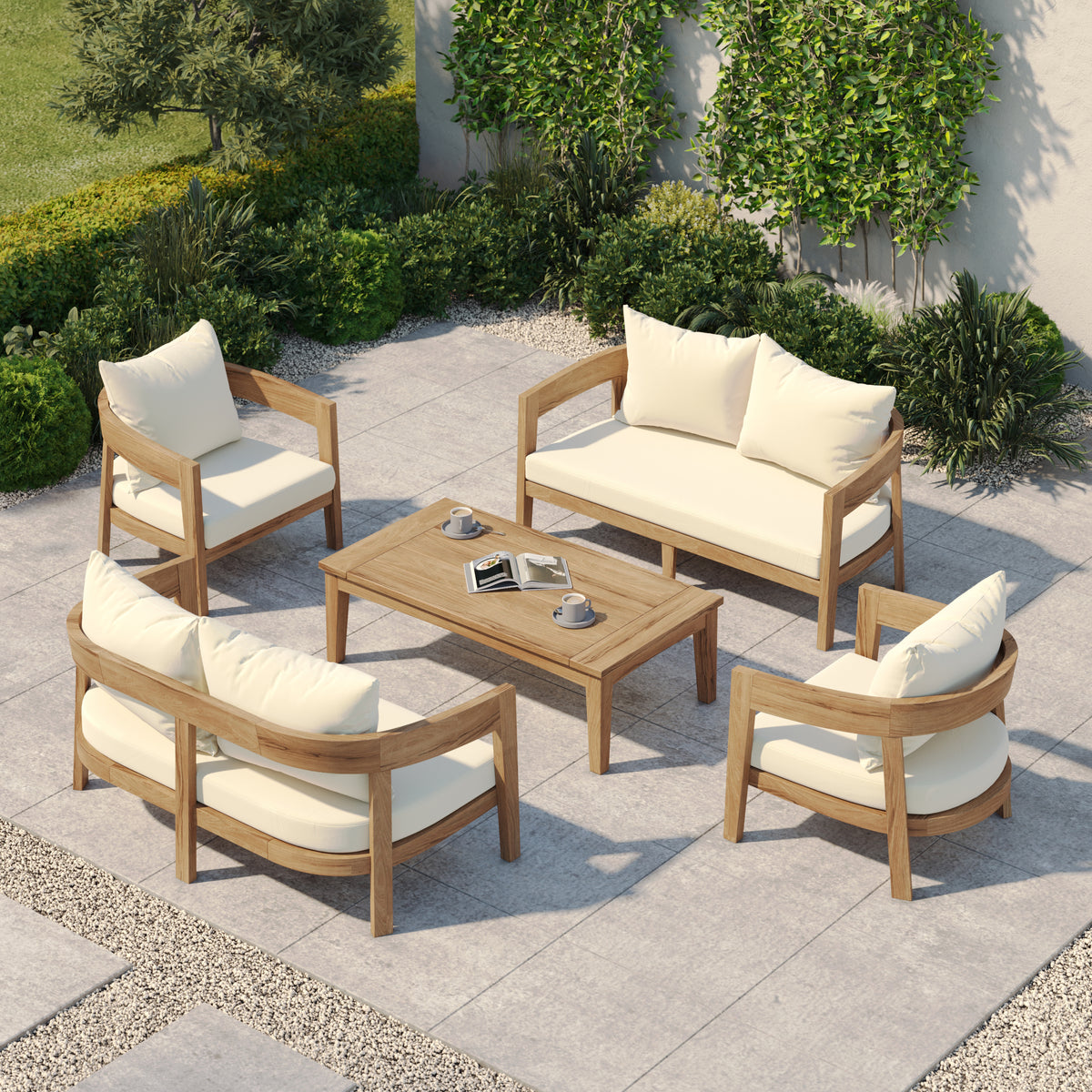 Santorini Family Set with 2 Santorini Benches, 2 Santorini Chairs and 1 Santorini Coffee Table – Teak Garden Lounge Set, Free Cushions