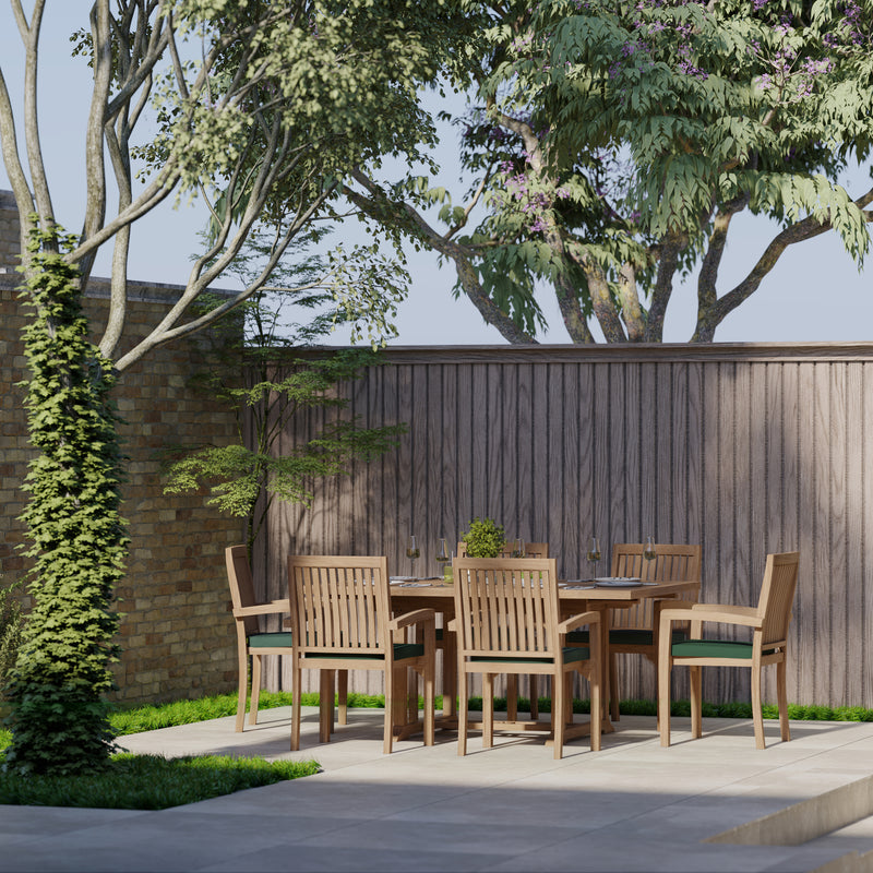 Teak Garden Furniture Square To Rectangle 120-170cm Extending Table 4cm Top (6 Henley Stacking Chairs) Cushions included.