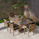 Teak Garden Furniture Square To Rectangle 120-170cm Extending Table 4cm Top (6 Henley Stacking Chairs) Cushions included.