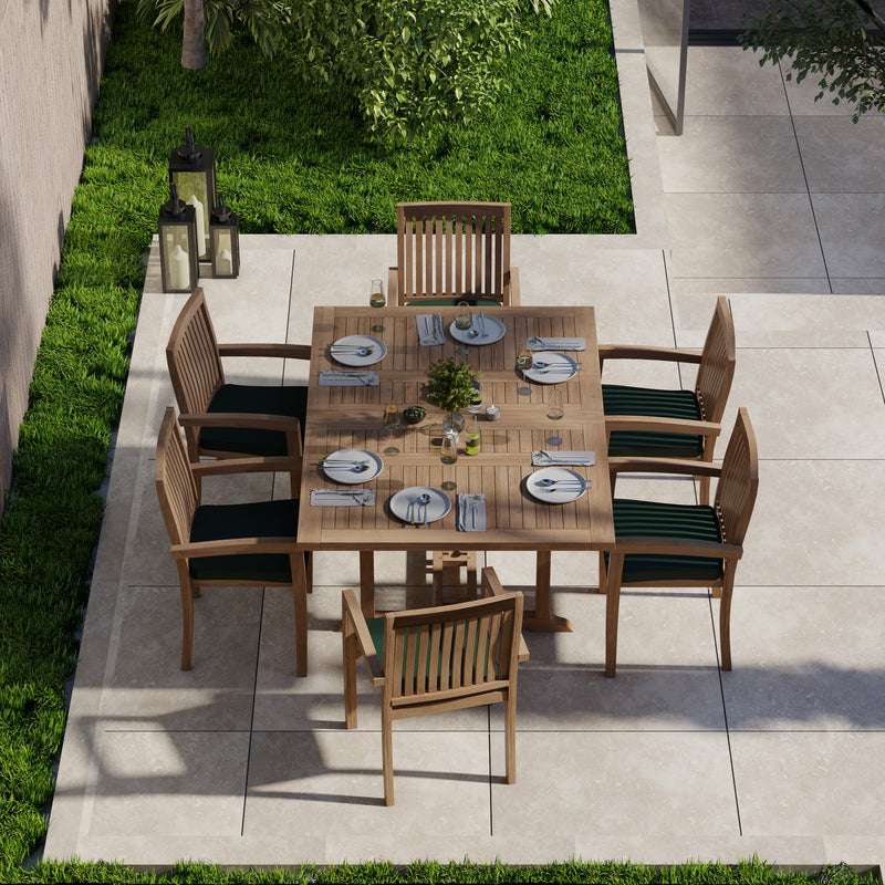 Teak Garden Furniture Square To Rectangle 120-170cm Extending Table 4cm Top (6 Henley Stacking Chairs) Cushions included.