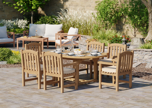 Teak Round to Oval 120-170cm Extending Table, 4cm Top with 6 Warwick Chairs, Free Cushions.