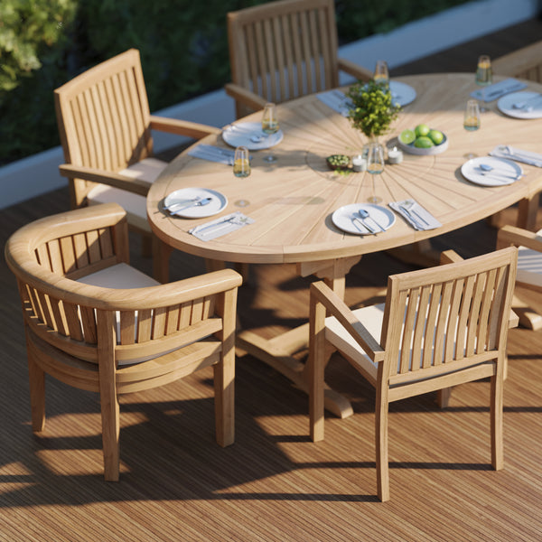 Teak Garden Furniture Set 2m Sunshine Oval table 4cm Top (with 4 Henley Stacking Chairs, 2 San Francisco Chairs) Cushions included.