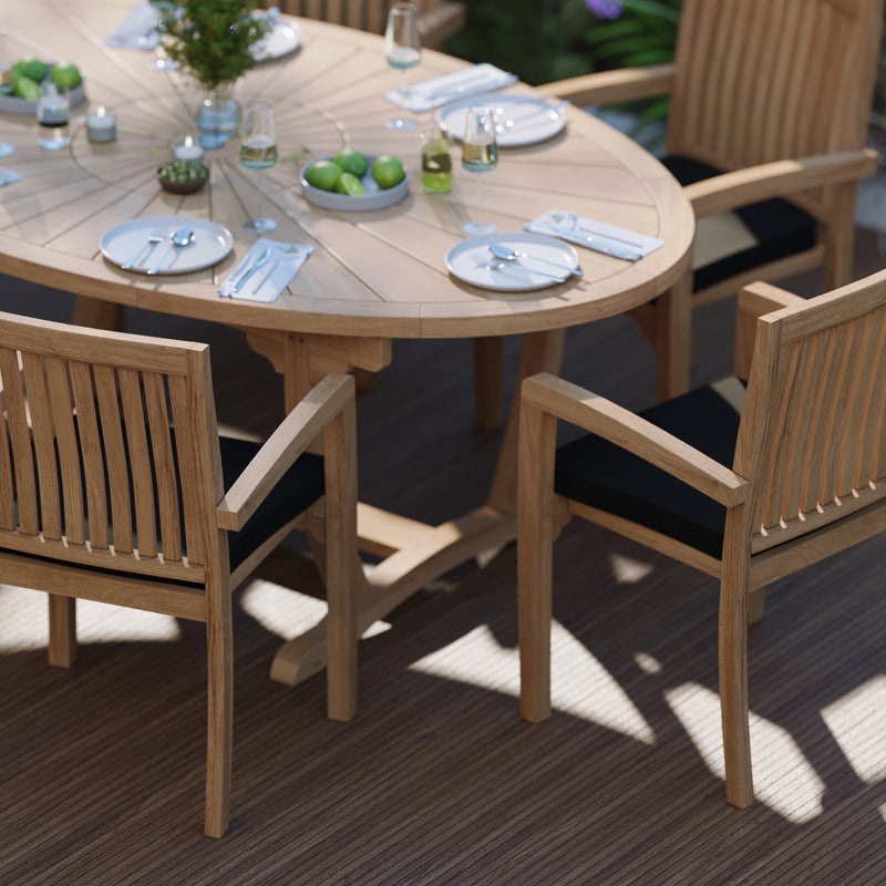 Teak Set 2m Sunshine table 4cm Top (with 6 Henley Stacking Chairs) Cushions included.