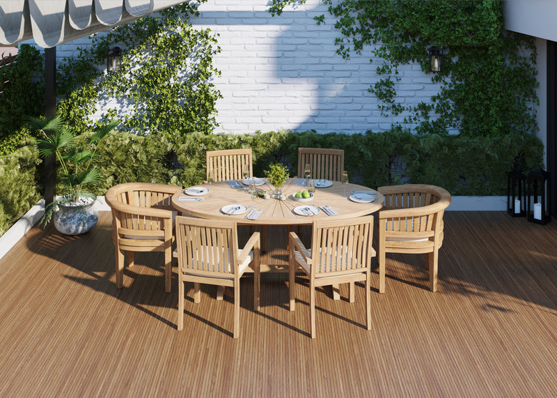 7-Day Delivery - Teak Garden Furniture Set 2m Sunshine Oval table 4cm Top (with 4 Henley Stacking Chairs, 2 San Francisco Chairs) Cushions included.