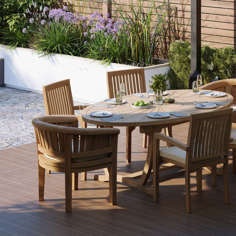 Teak Set 2m Sunshine Oval table 4cm Top (with 4 Henley Stacking Chairs, 2 San Francisco Chairs) Cushions included.