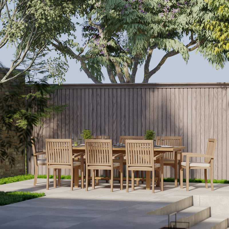 Teak Garden Furniture Rectangle 180-240cm Extending Table 4cm Top (8 Henley Stacking Chairs) Cushions included.