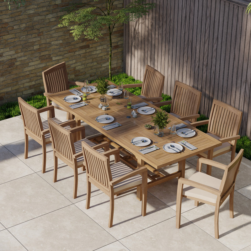 Teak Garden Furniture Rectangle 180-240cm Extending Table 4cm Top (8 Henley Stacking Chairs) Cushions included.
