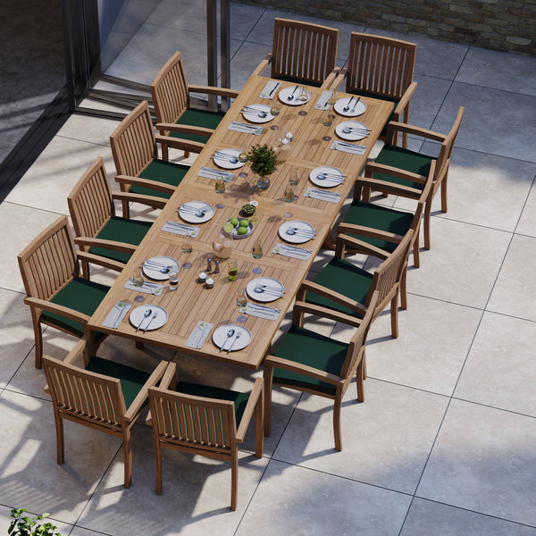 Giant Teak Garden Furniture Set 200-300cm Rectangle Extending Table 4cm Top (12 Henley Stacking Chairs) Cushions included.