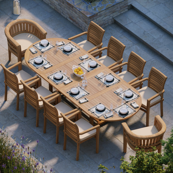 Teak 200cm to 300cm Oval Extending Table with 8 Oxford Stacking Chairs & 2 San Francisco Chairs