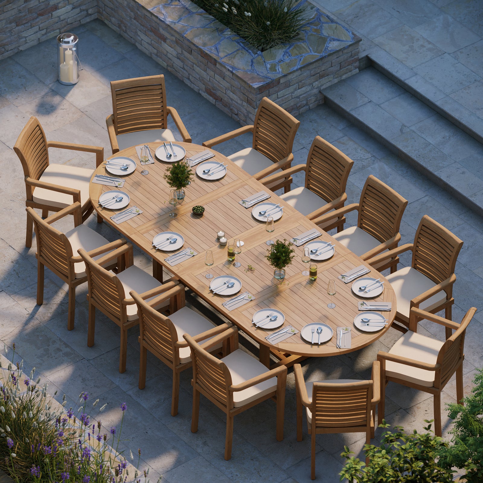 12 Seater Teak Garden Dining Set – Giant 2–3m Oval Extending Table wit