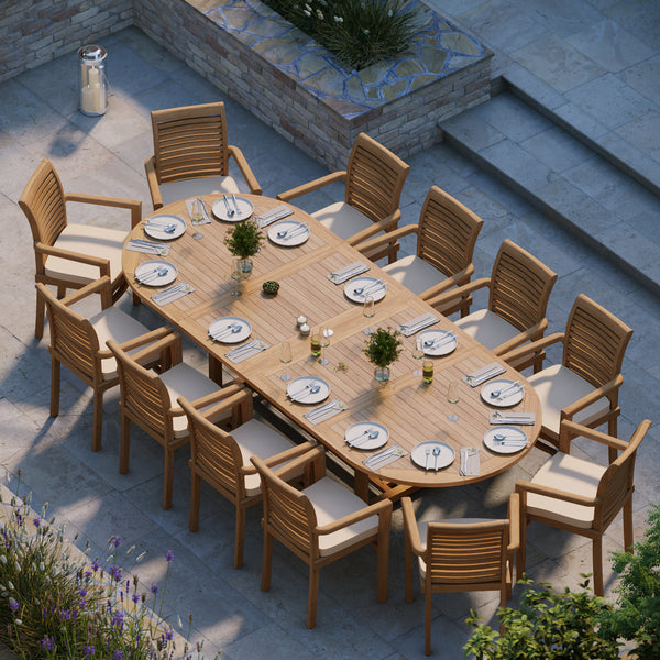 Giant Teak Oval Set 2-3m Extending Table with 12 Oxford Stacking Chairs