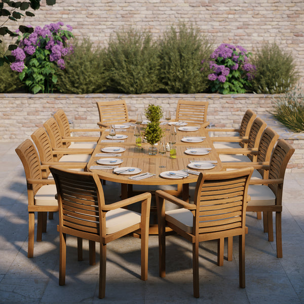 Giant Teak Oval Set 2-3m Extending Table with 12 Oxford Stacking Chairs