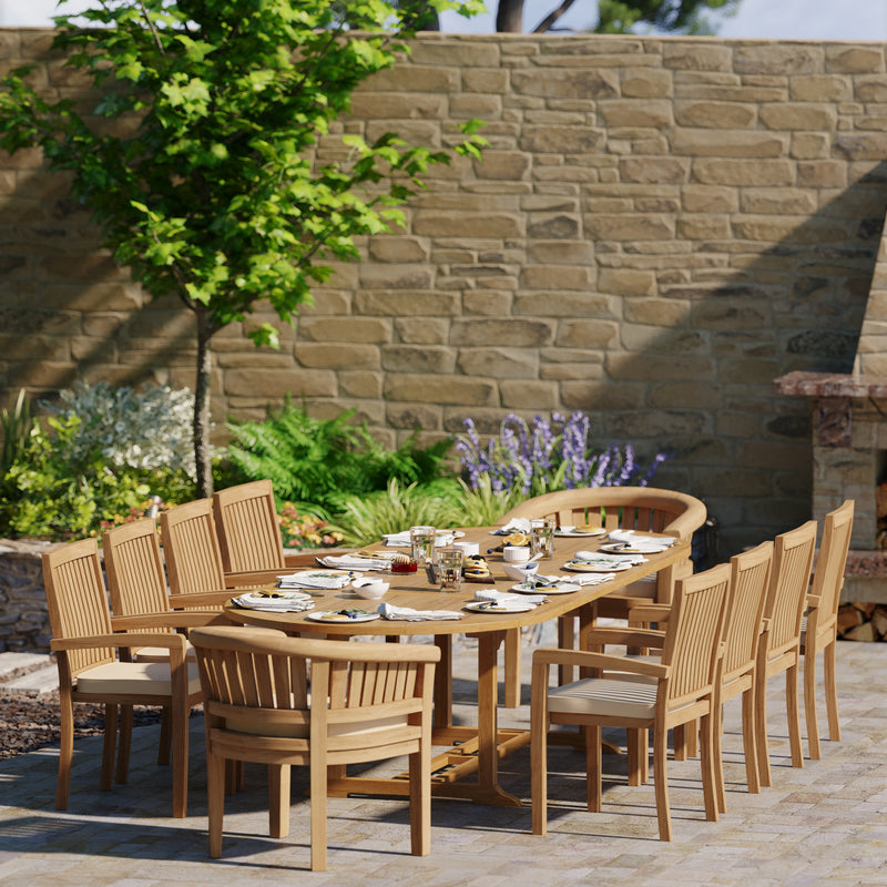Teak 200cm to 300cm Oval Extending Table with 8 Henley Stacking Chairs & 2 San Francisco Chairs