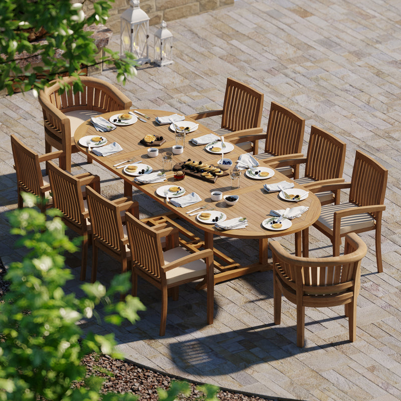 Teak 200cm to 300cm Oval Extending Table with 8 Henley Stacking Chairs & 2 San Francisco Chairs