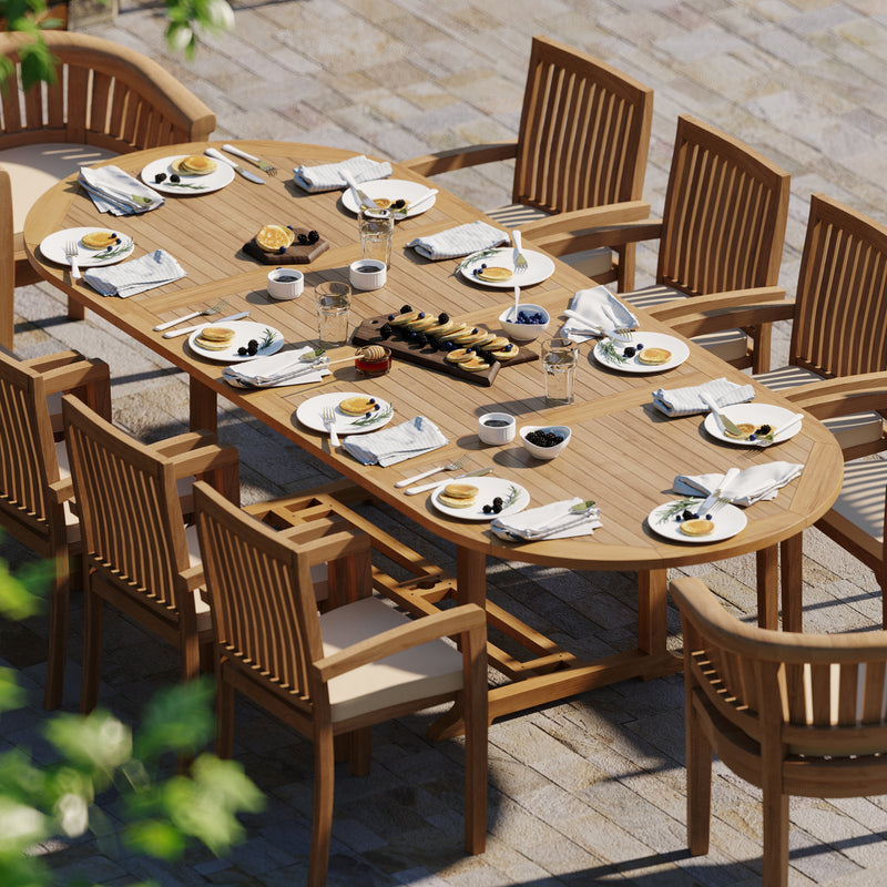 Teak 200cm to 300cm Oval Extending Table with 8 Henley Stacking Chairs & 2 San Francisco Chairs