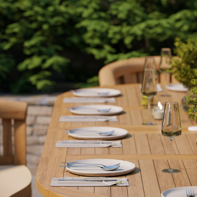 Teak Oval 2-3m Extending Table 4cm Top (2 San Francisco Chair, 2 San Francisco Bench) Free Cushions.