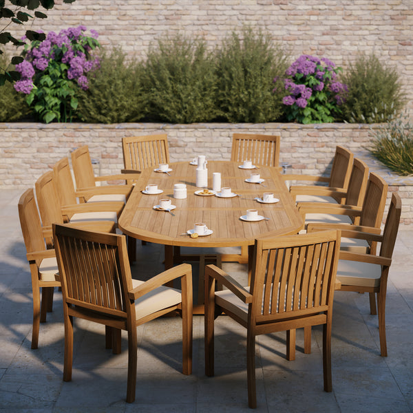 Giant Teak Oval Set 200cm-300cm Extending Table with 12 Henley Stacking Chairs