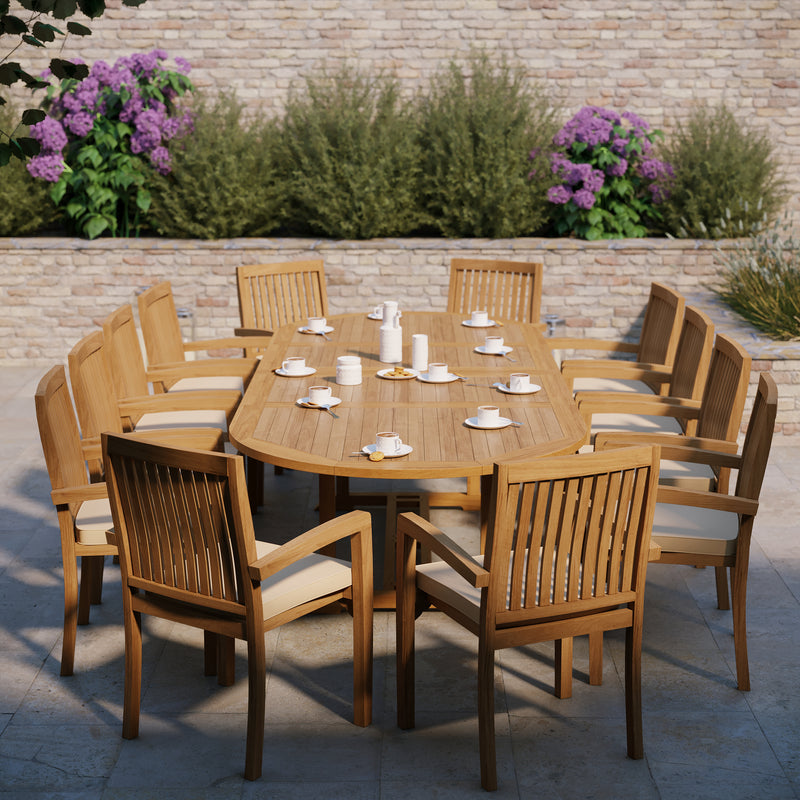 Giant Teak Oval Set 200cm-300cm Extending Table with 12 Henley Stacking Chairs