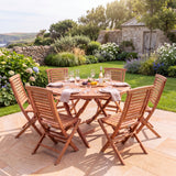Teak 120cm Round Sunshine Folding Table 4cm Top (6 Folding Chairs) Cushions Included - Premium Teak Garden Furniture Set - UK and Ireland garden setting - image 3