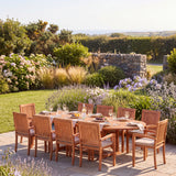 Teak 2-3m Oval Extending Table 4cm Top (10 Henley Stacking Chairs) Cushions included - Contemporary Teak Dining Set - UK and Ireland garden setting - image 1