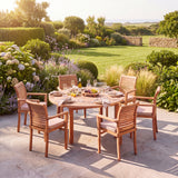 Luxor 150cm Round Table 4cm Top (6 Oxford Stacking Chairs) Cushions included- Contemporary Teak Garden Dining Set Product Details - UK and Ireland garden setting - image 1