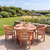 Teak Set 120-170cm Round to oval Table 4cm Top (4 teak San Francisco Chairs) cushions included- Contemporary Teak Outdoor Furniture Set - UK and Ireland garden setting - image 1