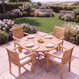 4 Seater Teak Garden Dining Set - 120cm Round Sunshine Folding Table with Oxford Stacking Chairs - UK and Ireland garden setting