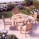 4 Seater Teak Garden Dining Set - 120cm Maximus Round Fixed Table, 4cm Top with Henley Stacking Chairs - UK and Ireland garden setting