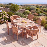6 Seater Teak Garden Dining Set - 120-170cm Round-to-Oval Extending Table with 4 Oxford Stacking Chairs & 2 San Francisco Chairs - UK and Ireland garden setting